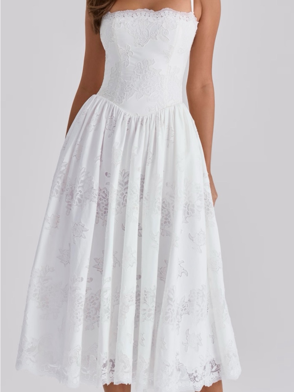 House of CB Chloe White Lace Strapless Midi Dress